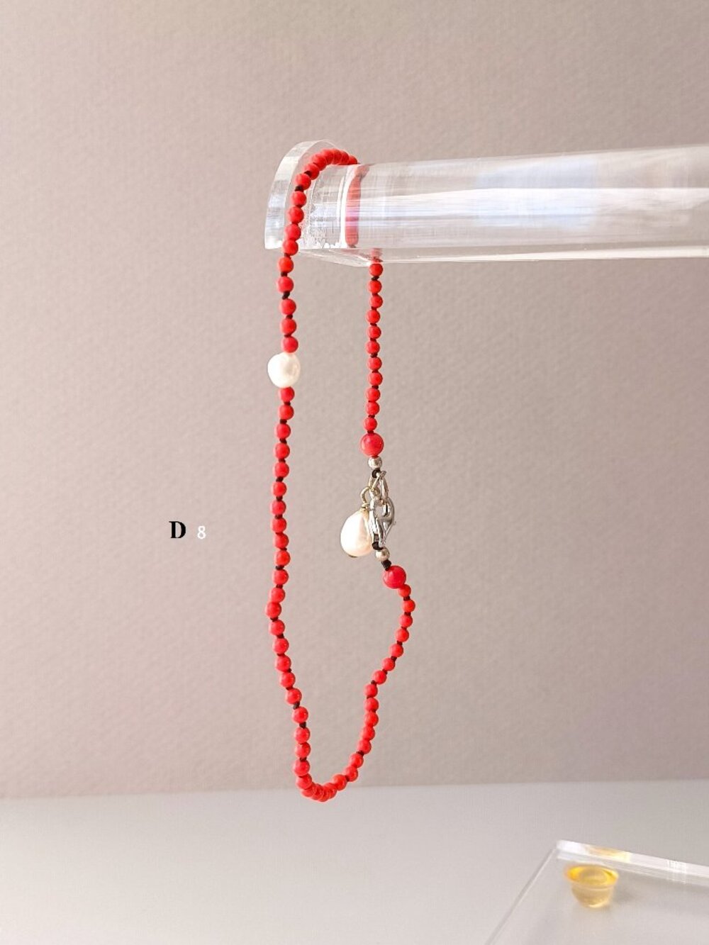 Hand woven sterling silver with red coral  and freshwater pearl ankle bracelet